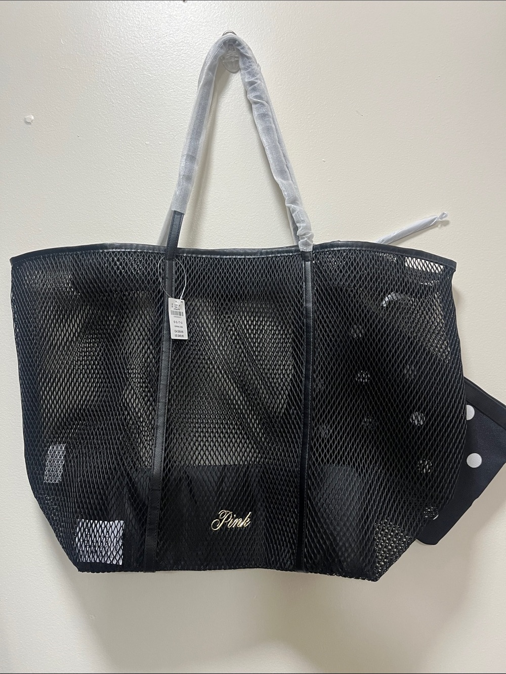 PINK Victoria's Secret Black Mesh Tote with Polka Dot Pouch - Picture 2 of 9